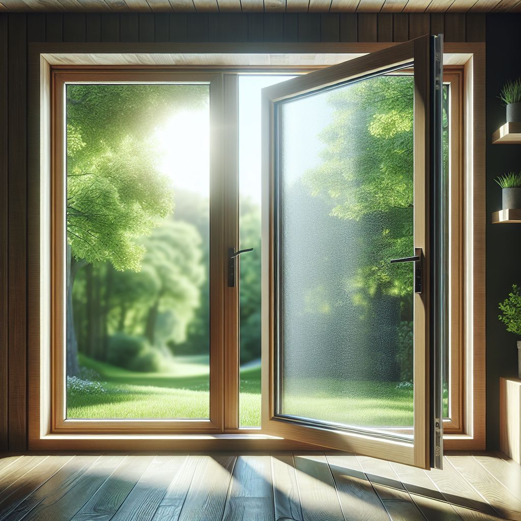 Une fenêtre en bois ouverte dans un intérieur au style moderne et épuré, révélant un double vitrage tout neuf avec un effet de légère réflexion lumineuse pour illustrer l'isolation. La scène est éclairée par une lumière douce et naturelle indiquant une journée ensoleillée, avec une vision floue d'arbres verdoyants à l'extérieur suggérant un cadre paisible et écologique. Pas de personnages ni de textes visibles, juste l'image d'une fenêtre améliorée symbolisant l'efficacité énergétique et le confort dans un habitat.