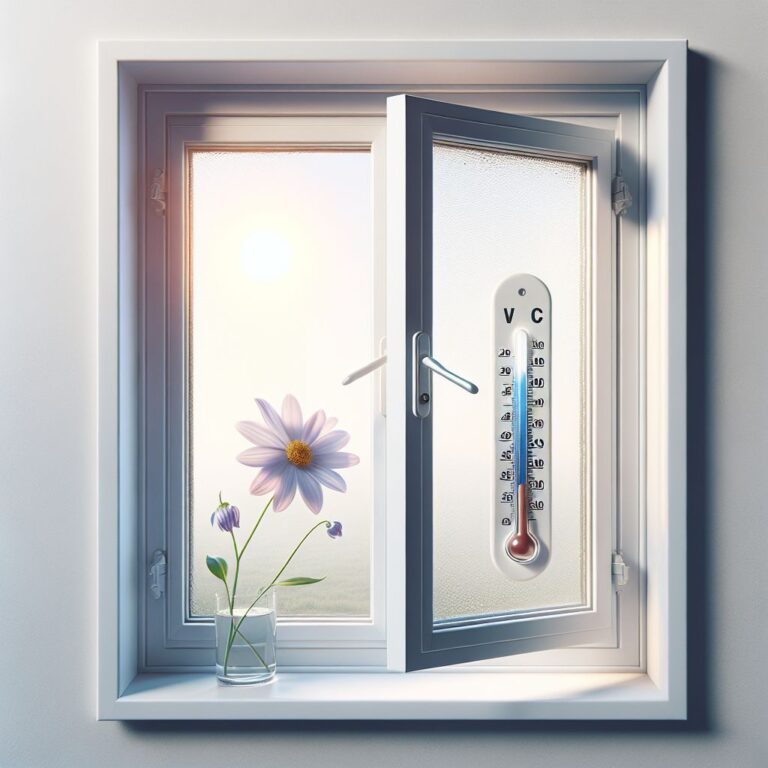 Une fenêtre ouverte dotée de double vitrage, avec un thermomètre indiquant une température élevée à l'extérieur et une fleur légèrement fanée sur le rebord, illustrant les effets de la chaleur extrême sans montrer de texte ou de visage humain, dans un style photographique réaliste et une composition minimaliste.