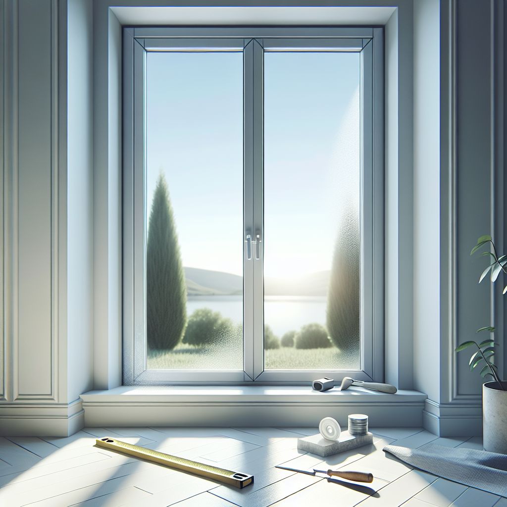 Une fenêtre moderne en PVC avec double vitrage, impeccablement propre, vue de l'intérieur d'une pièce lumineuse et minimaliste. Des signes subtils de condensation apparaissent entre les deux vitres, indiquant un besoin de remplacement. À l'extérieur, on aperçoit une journée ensoleillée avec un ciel bleu clair. Sur le rebord de la fenêtre se trouve un mètre ruban, évoquant le processus de mesure pour le remplacement, et à côté, une truelle avec du mastic neuf, suggérant le début des travaux. L'ensemble crée une atmosphère calme et ordonnée, reflétant l'importance de l'entretien domestique pour améliorer l'efficacité énergétique. Pas de texte ni de visages, avec un style photo réaliste.